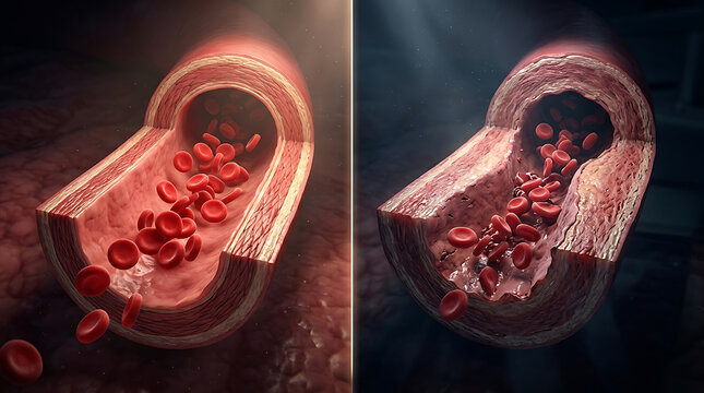 Detailed illustration of blood flow through an artery with blood cells depicted in a cross-sectional view showing vessel