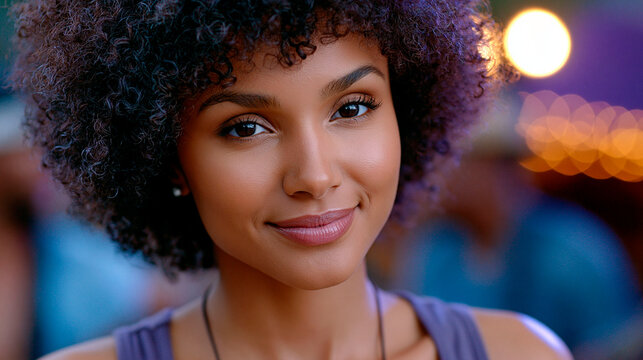 Confident young woman smiling at camera with natural beauty showcasing authentic personality evening lifestyle and self confidence