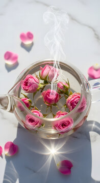 Glass teapot filled with fresh pink rose buds and steam rising, steaming