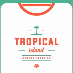 tropical island design featuring bold typography, palm tree, ocean waves, seashell, and summer vacation theme in coral and mint green retro style. © Jegos