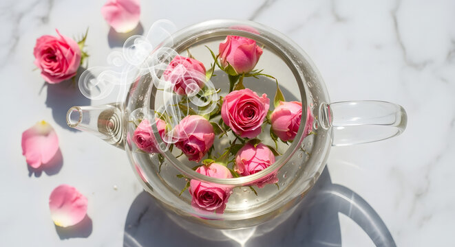 Glass teapot filled with fresh pink rose buds and steam rising, steaming