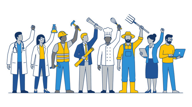 Group of Diverse Professionals Holding Up Their Work Tools and Equipment Concept