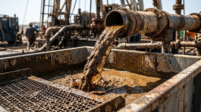 A close-up view of an oil rig's drilling mud circulation system working.