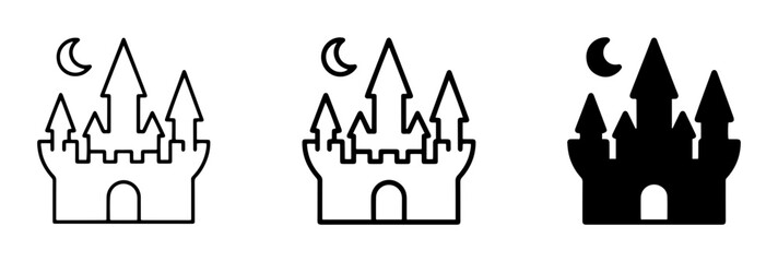 Obraz premium Haunted Castle Icons, Spooky Silhouette and Outline Graphics, Night Moon Symbol