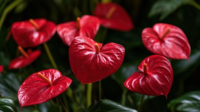 Close-up of vibrant red tropical flower with shiny heart-shaped petals and yellow spadix surrounded by dark green leafy background in natural light