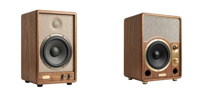 Two vintagestyle wooden speakers with fabric grilles isolated on transparent background