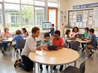 Obraz premium Teacher Helping Diverse Elementary School Students With A Digital Tablet In Classroom