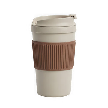 White travel mug with brown striped sleeve isolated on transparent background