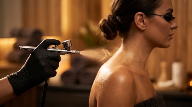 Detailed view of a professional spray tan bronzer being applied via airbrush.