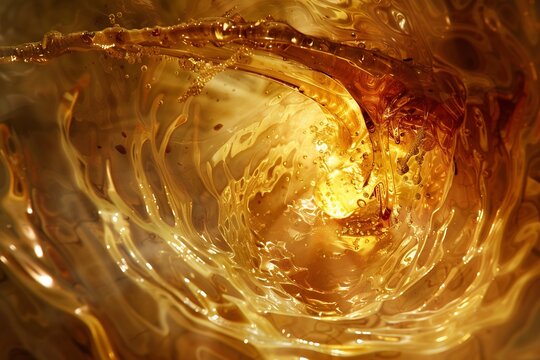 Cross section of human exocrine pancreatic acinar cell releasing digestive enzymes depicted dramatic jets of luminous liquid into canal gold amber tones cinematic science photography ultra high detail
