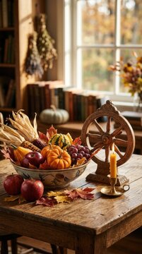 Autumnal equinox celebration arrangement on rustic wooden table, featuring ceramic bowl filled with ripe grape, yellow squash, red apple, small pumpkin, burning beeswax candle, pagan wheel.