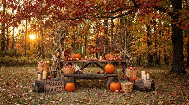 Wooden altar decorated with pumpkin, apple basket, burning candle, corn stalk, showcasing autumnal equinox celebration, rustic mabon harvest sign in sunset forest glade, warm foliage background.