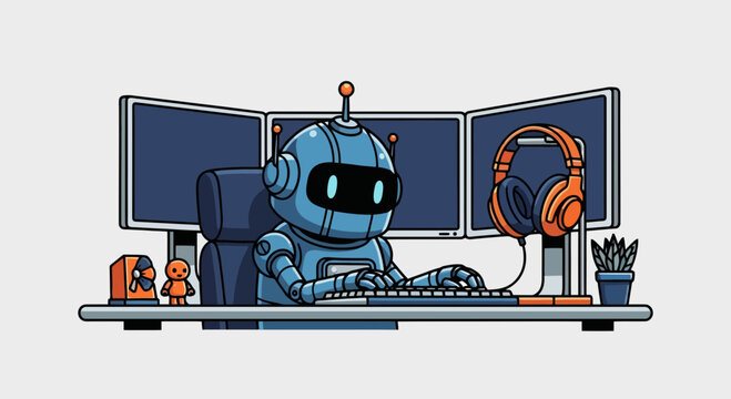 Blue robot typing on a keyboard at a desk with triple monitors