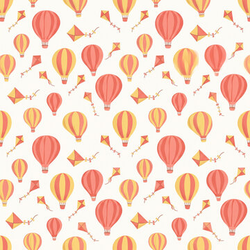 Pattern of vibrant hot air balloons and colorful flying kites for festive sky backgrounds and creative whimsical digital wallpaper surface design art