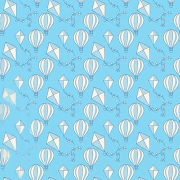 Seamless vector pattern design featuring floating hot air balloons and flying diamond kites drifting through a soft blue sky for creative backgrounds