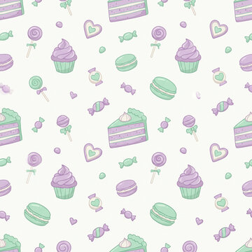 Sweet Dessert Seamless Pattern Featuring Pastel Cupcakes Macarons Candies And Cake Slices In A Whimsical Design For Beautiful Festive Stationery Decor