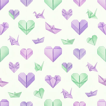 Seamless pattern featuring colorful origami elements including hearts, cranes, and boats in soft pastel green and purple tones for creative design