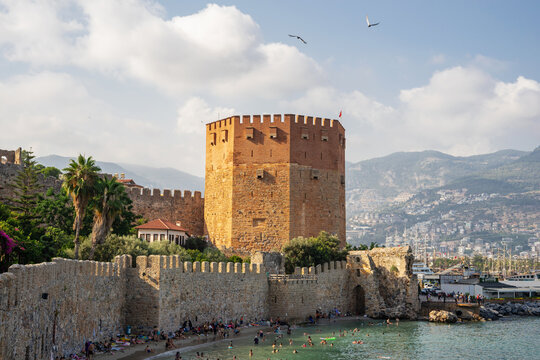 Alanya, Turkey, 24 July 2026: Historic Red Tower overlooking Alanya Marina in Alanya, Turkey