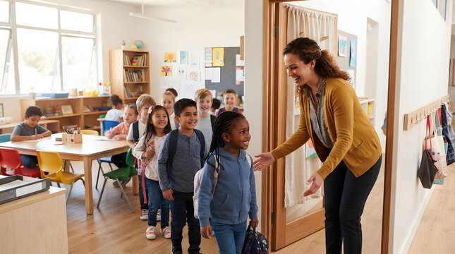 Diverse elementary school children with backpacks waiting to enter bright classroom greeted by smiling female teacher in mustard yellow cardigan at doorway