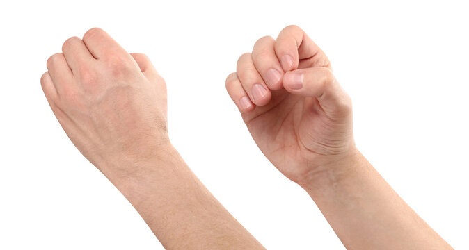 Set of male hands holding imaginary items, isolated on transparent cutout background