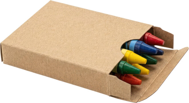 Cardboard box of colorful wax crayons.