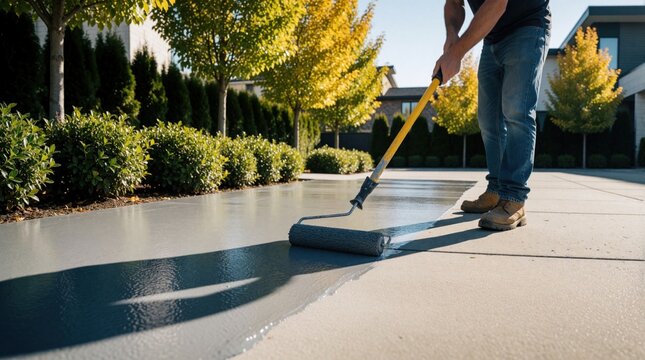 Worker applies gray protective sealant to concrete driveway using paint roller tool outdoors. Person performs pro home renovation maintenance tasks on residential pavement surface. Man renovates