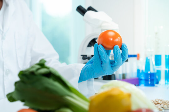 Scientist check chemical food residues in laboratory. Control experts inspect quality of fruits, vegetables. lab, hazards, ROHs, find prohibited substances, contaminate, Microscope, Microbiologist