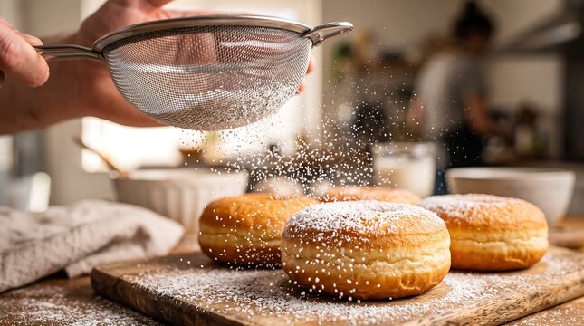 Macro shot sifting powdered sugar from stainless steel mesh sifter onto fresh golden donuts on wooden board