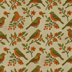 Fototapeta premium Seamless vintage floral pattern featuring charming birds perched on blooming botanical branches with berries in warm retro autumn color palette