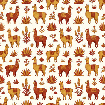 Seamless pattern featuring cute alpacas and desert plants in warm autumn terracotta tones creating a cozy and rustic folk art aesthetic design