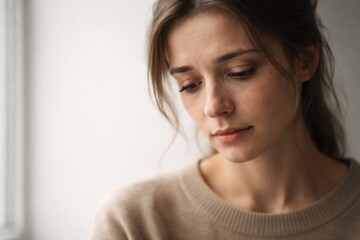 Fototapeta premium Close-up portrait of a young woman with green eyes and a tear rolling down her cheek, showcasing natural beauty and emotional expression in soft lighting