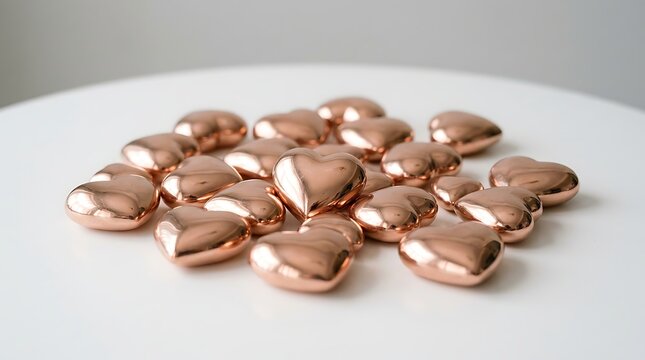 Scattered rose gold metallic hearts on a white minimalist background