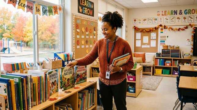 Dedicated Teacher Arranging Educational Books In Colorful Classroom Filled With Autumn Decorations.