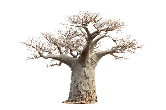 Ancient leafless baobab tree isolated on white