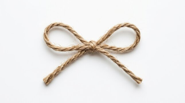 A simple rustic bow made of natural brown twine string isolated on a white background