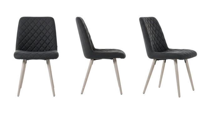 Three mid-century charcoal gray chairs with quilted fabric and oak legs in front, side, and angle views on white background modern furniture design concept
