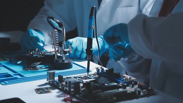 Closeup of a gloved hand installing a microchip on a blue motherboard. Perfect for concepts of AI development, hardware engineering, and IT infrastructure assembly in a digital world.