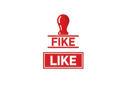 Red rubber stamp icon with FIKE and LIKE text, social media approval concept, creative wordplay graphic on white background