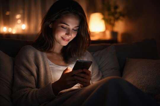 Young woman with light brown hair using smartphone while sitting on couch in cozy living room with soft lighting and decorative plants in the background