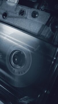 Vertical macro shot of a compact cassette hub spinning inside a tape deck. Close up of magnetic tape, transparent shell and reel motion in retro analog audio equipment