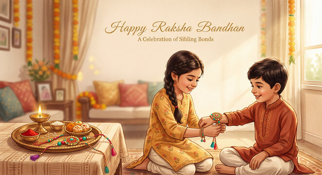 Happy Raksha Bandhan Greeting Card, Sister Tying Rakhi on Brother's Wrist Illustration    