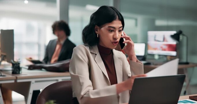 Businesswoman, laptop and talk in office phone call, data analysis and finance document for advice. Coworking, person and financial advisor speaking with tech, contact and graphs for stats paperwork.