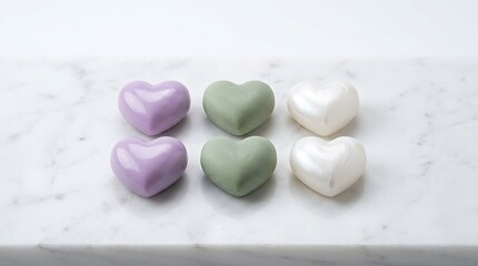Obraz premium Six heart shaped pastel artisan soaps on white marble surface