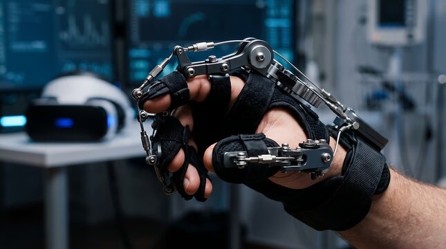 Macro shot of robotic exoskeleton glove on human hand during virtual reality rehabilitation, highlighting advanced neuro therapy technology