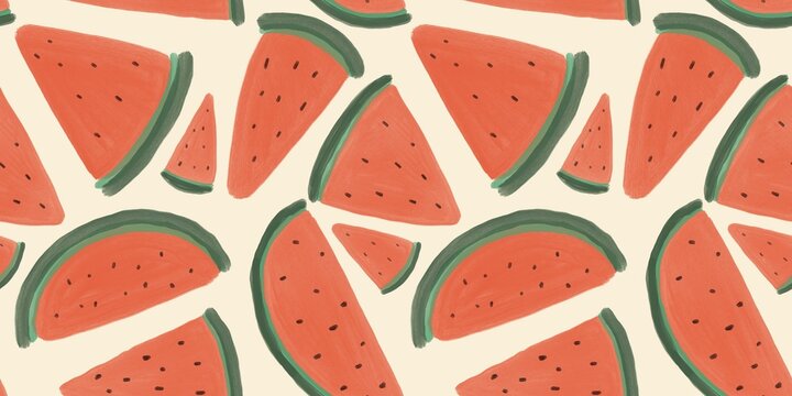 Seamless pattern featuring hand-drawn watermelon slices, ideal for summer textile design, fresh wrapping paper, and cheerful fabric prints