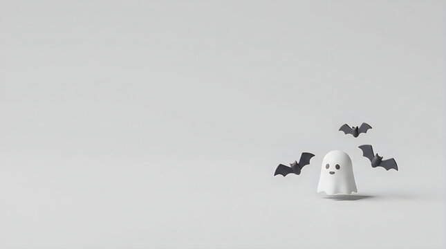 3D cute white ghost character with bats, Happy Halloween clay animation render, minimal spooky style, copy space, 3D monster, adorable holiday mascot, decorative background Halloween