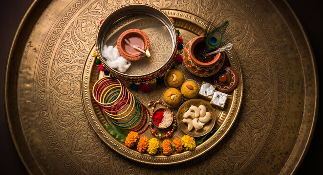 Karva Chauth Thali Illustration with Diya, Sieve and Sweets, Festive Flat Lay Background