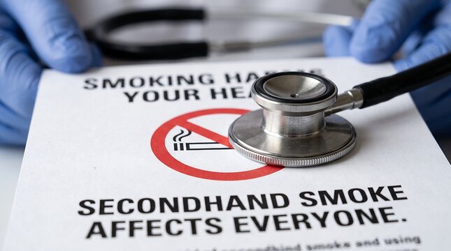 Macro shot of stethoscope resting on secondhand smoke warning sign held by gloved doctor, highlighting medical anti smoking advocacy