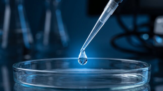 Macro shot of liquid drop hanging from micropipette tip over glass petri dish, symbolizing precision scientific laboratory experiment