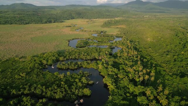 tomas a&eacute;reas del manglar La Tovara en San Blas, Nayarit. paseo en lancha entre canales y selva  durante el atardecer 
